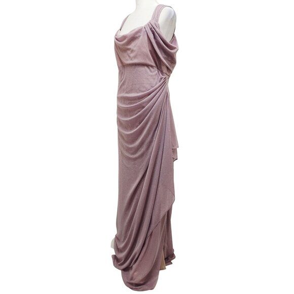 Alex Evenings Mauve Patty Dress Sparkle Draped Gown Cold-Shoulder Size 16 Wear - Picture 3 of 11